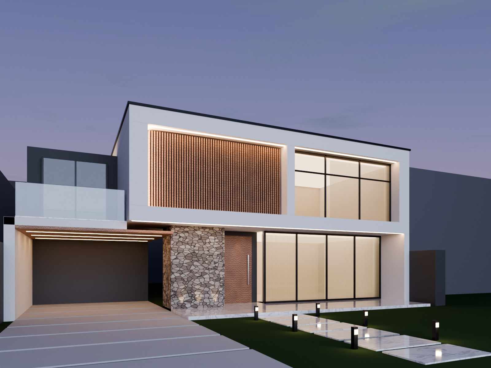 Ilustração em 3D de uma casa contemporânea de dois pavimentos ao anoitecer, com pedra natural, painel ripado de madeira, vidro com caixilho preto e fitas de LED acesas.